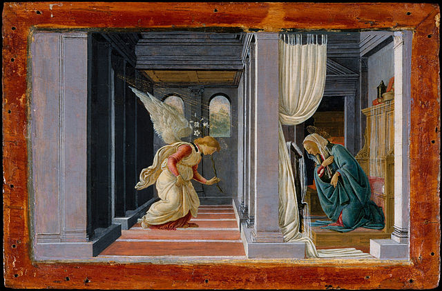 The Annunciation Sandro Botticelli circa 1485  Tempera and gold on wood Height: 191 mm (7.52 in). Width: 314 mm (12.36 in).  Metropolitan Museum of Art